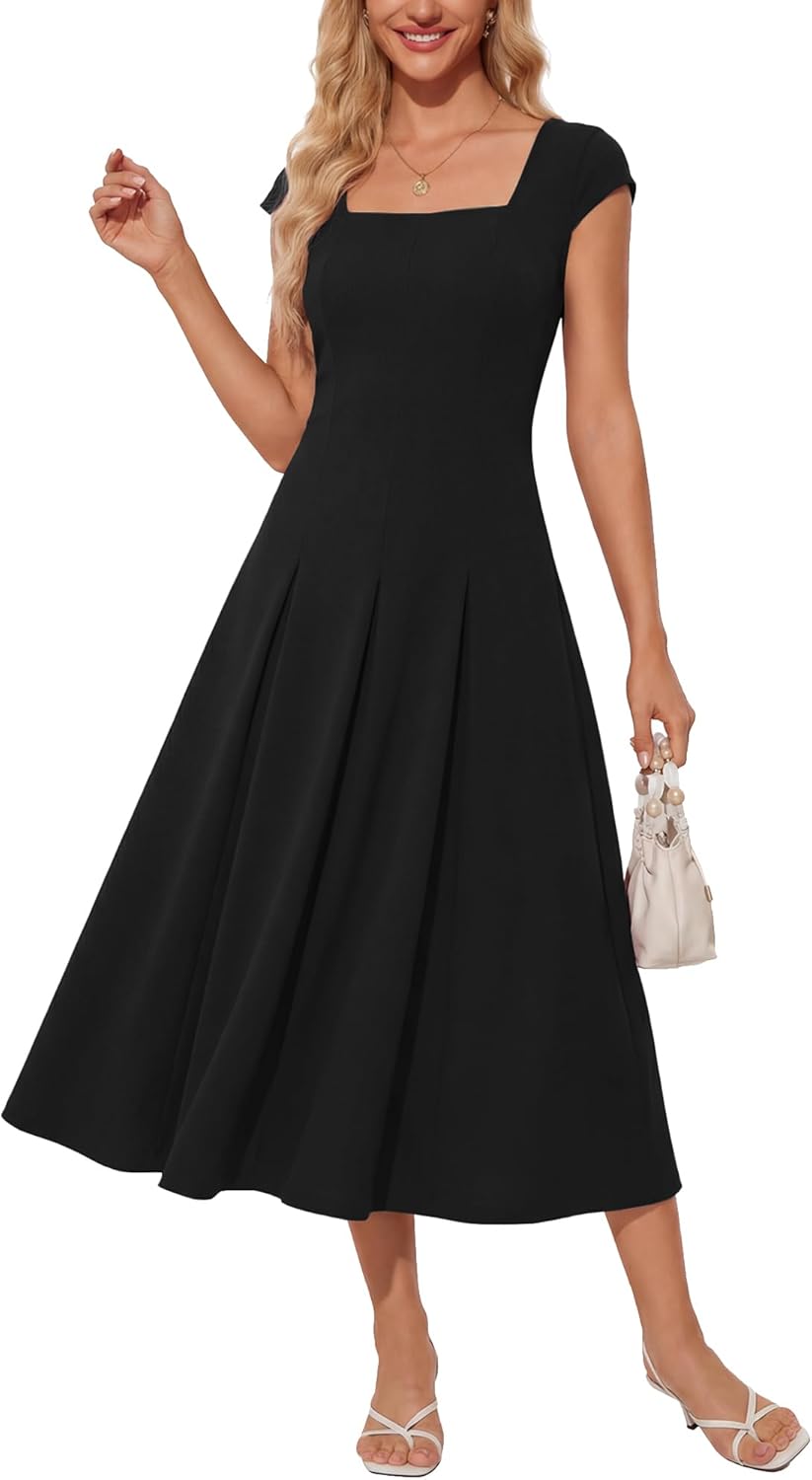 OXP Women's 2026 Summer Elegant Square Neck Cap Sleeve Midi Cocktail Semi Formal Dress for Wedding Guest Evening Party