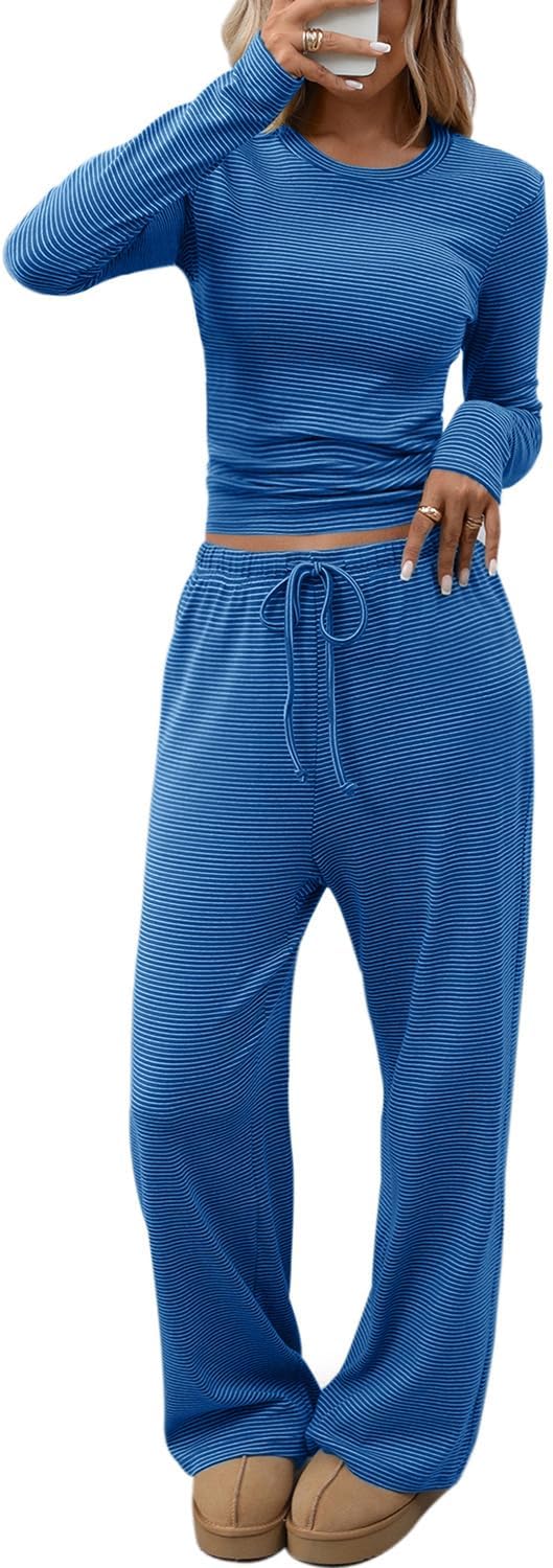 CHYRII Womens Two Piece Sets Fall Fashion Striped Long Sleeve Tops Wide Leg Palazzo Pants Outfits Loung Sets