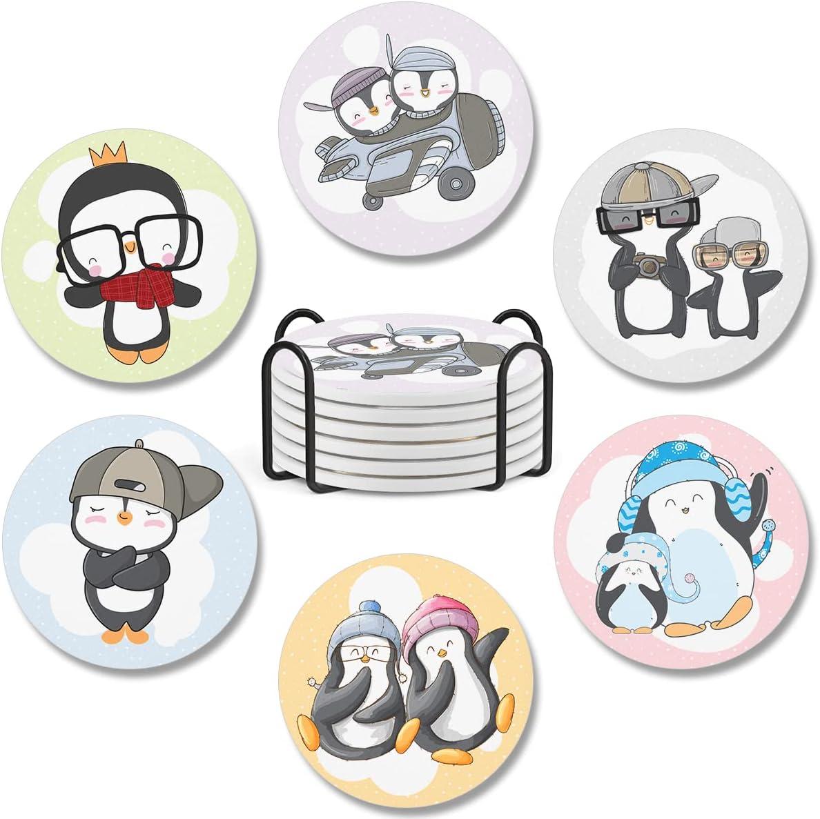 CUBICERPack 6 Coasters Penguin Ceramic Coaster with Cork Base Housewarming Gifts for Women Adults Coffee Table Desk Car Cup Holders Home Decor Kitchen Accessories Cold Drinks Absorbent