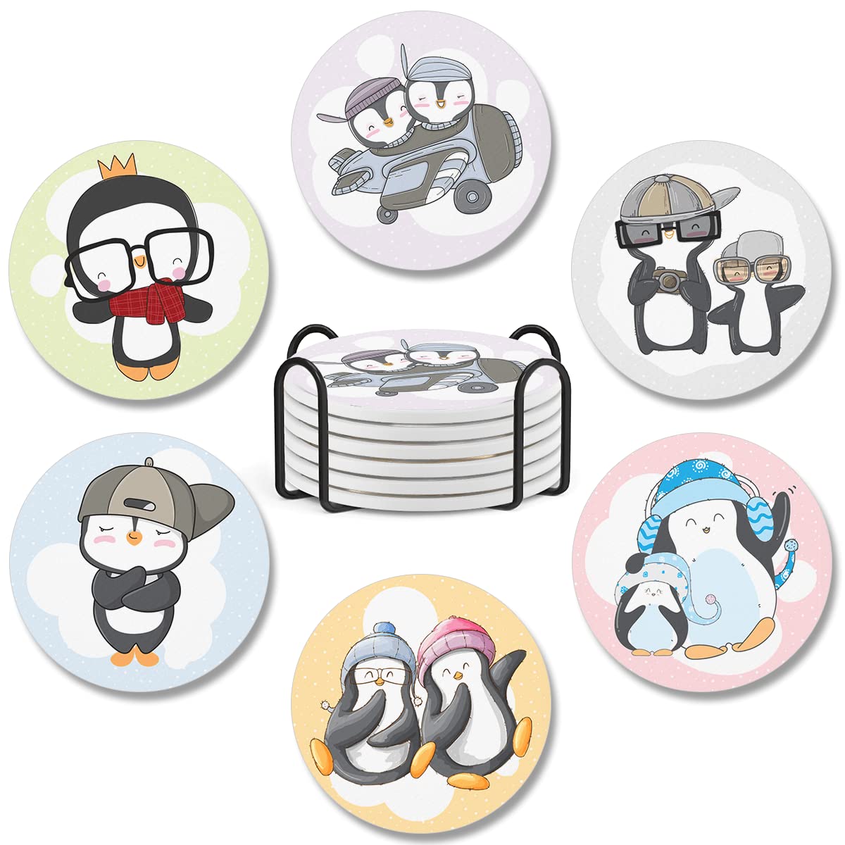 Pack 6 Coasters Penguin Ceramic Coaster with Cork Base Housewarming Gifts for Women Adults Coffee Table Desk Car Cup Holders Home Decor Kitchen Accessories Cold Drinks Absorbent