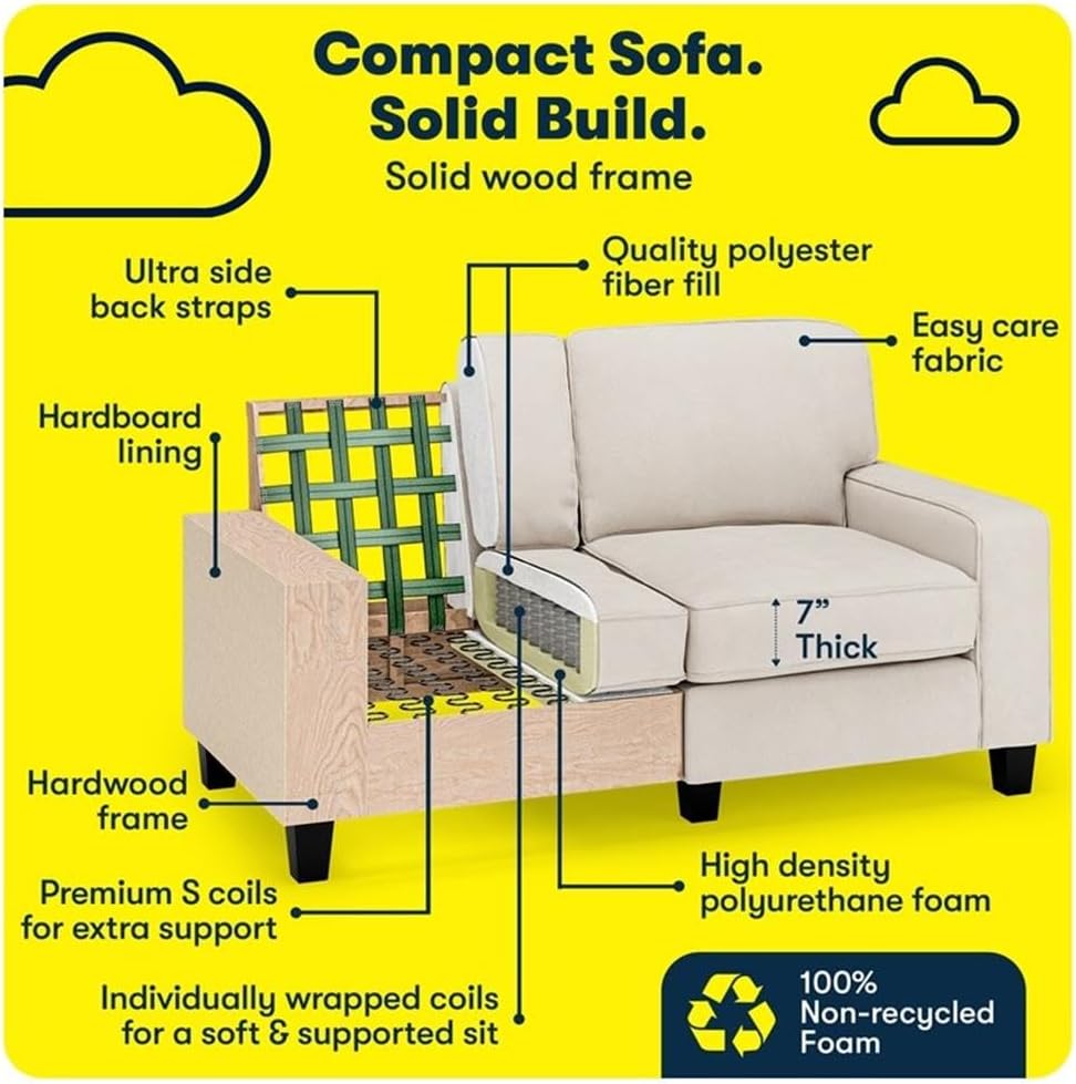 BOWERY HILL 61" Track Arm Sofa Loveseat, Solid Wood Frame, Cream White Polyester Upholstery, Removable Covers, Compact Modern Design, Semi-Plush Seat, Indoor Living Room Furniture