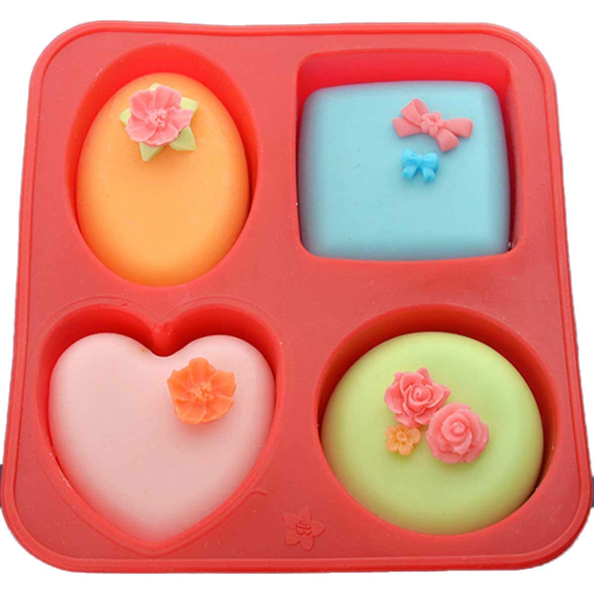 AVMARK Cavity Silicon Soap Cake Making Mould | 4 Shapes, Circle, Square, Oval and Heart (Pack of 1,Random Color)
