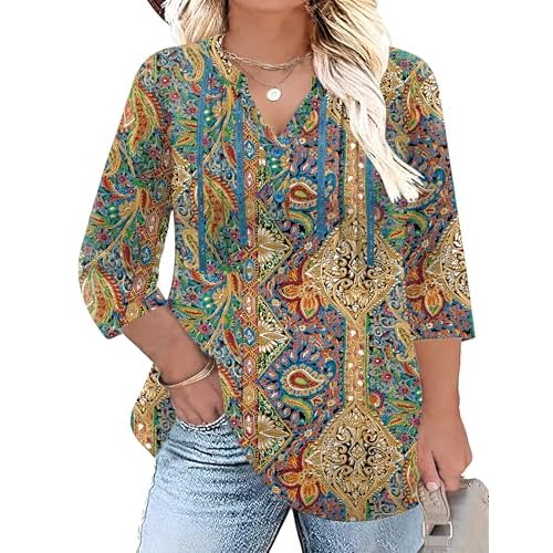 Ivicoer 3/4 Sleeve Tops for Women Plus Size V Neck Tunic Shirt Loose Work Peasant Dressy Casual Flowy Blouses Fashion 2025