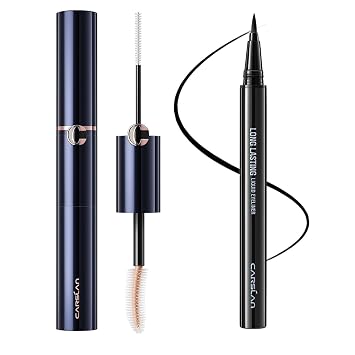 CARSLAN Double Extension Curling Mascara Bundle with Liquid Eyeliner, Black Eyeliner Liquid Liner