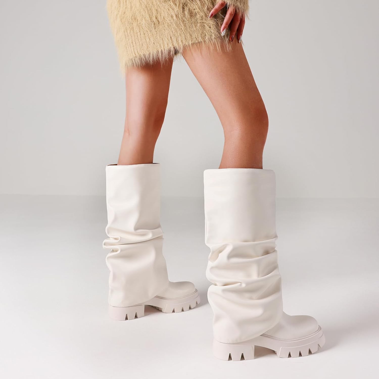 VOMIRA Women's Fold Over Boots Slouchy Boots Wide Calf Pleated Platform Boots Glitter Metallic Silver Boots Chunky Stacked Boots Mid Calf Boots - Image 7