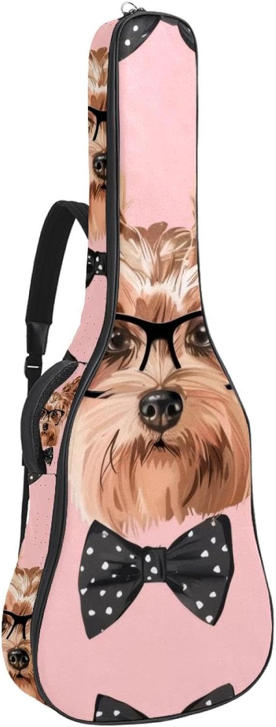 40 41 42 Inch Guitar Bags, Waterproof Padded Acoustic Guitar Case Backpack with Adjustable Shoulder Strap & Pockets, Cool Dog Bows Glasses Tie Pink Background