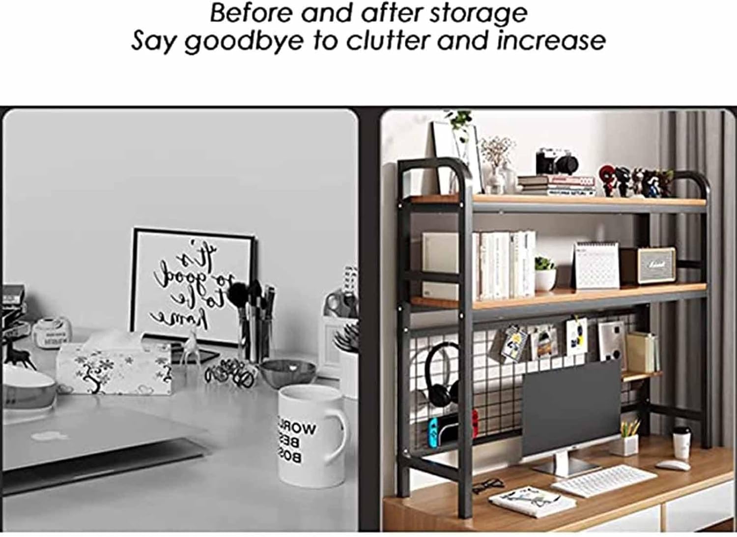 2段デスクトップハッチブックシェルフメタルデスクシェルフ、コンピューターデスク用デスクトップブックシェルフ、グリッドデスクトップオー