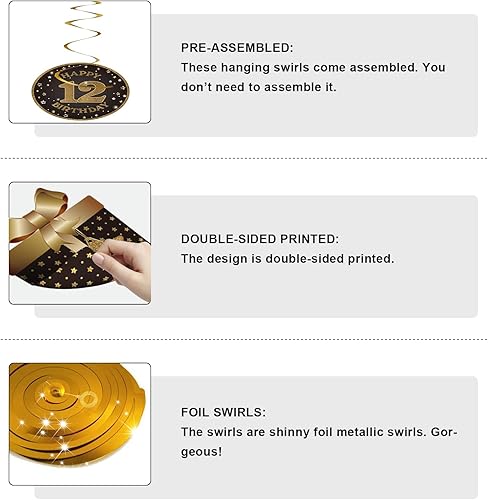 Miniatura 4 de Decoración de techo de remolinos colgantes para fiesta de cumpleaños número 12, celebración, 12 espirales colgantes de aluminio con recortes para 12