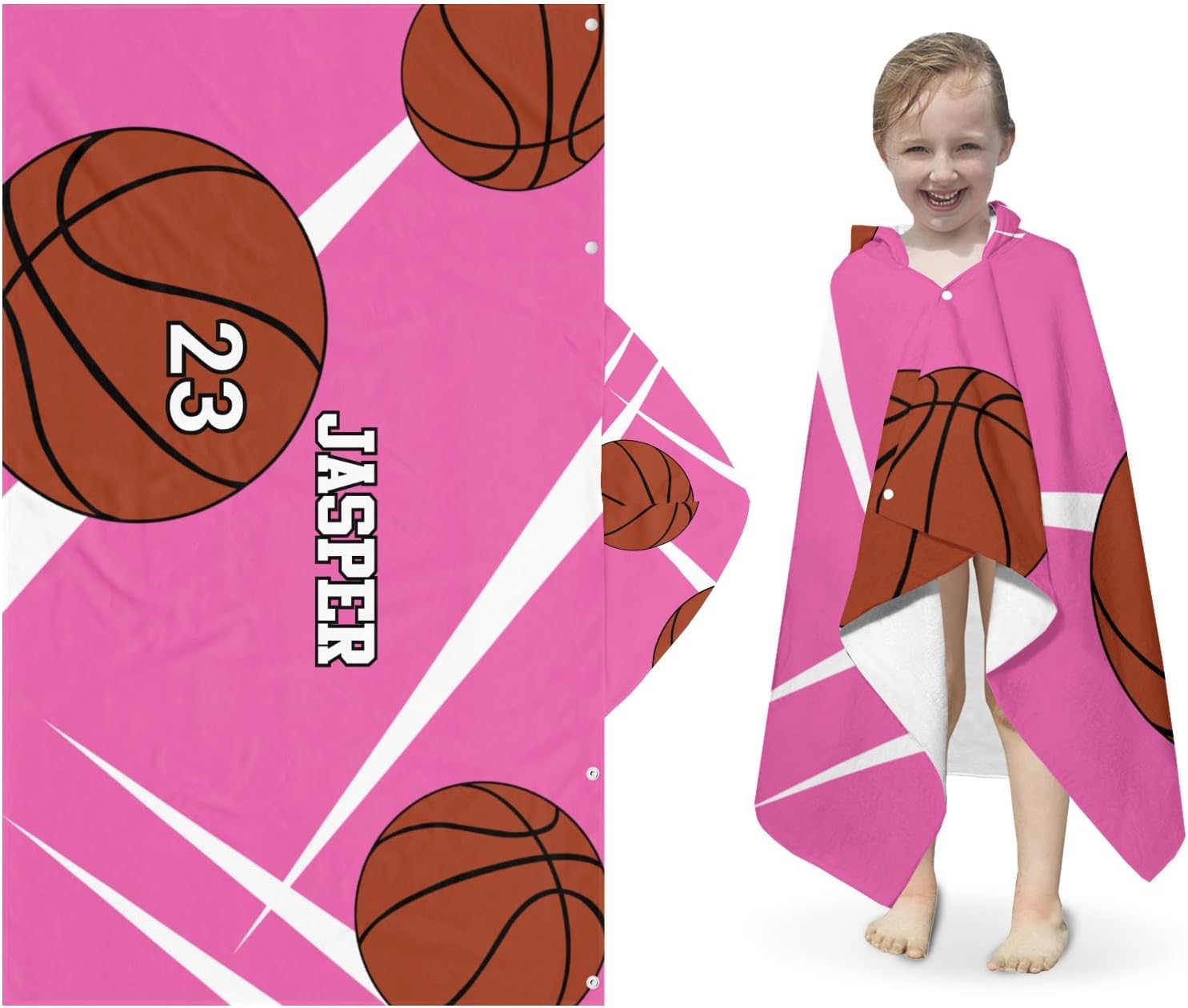 Sport Basketball Pink Personalized Hooded Towel Absorbent Wrap Soft Pool Beach Bath Towels Hood Poncho for 5-12 Years Kids Boys Girls