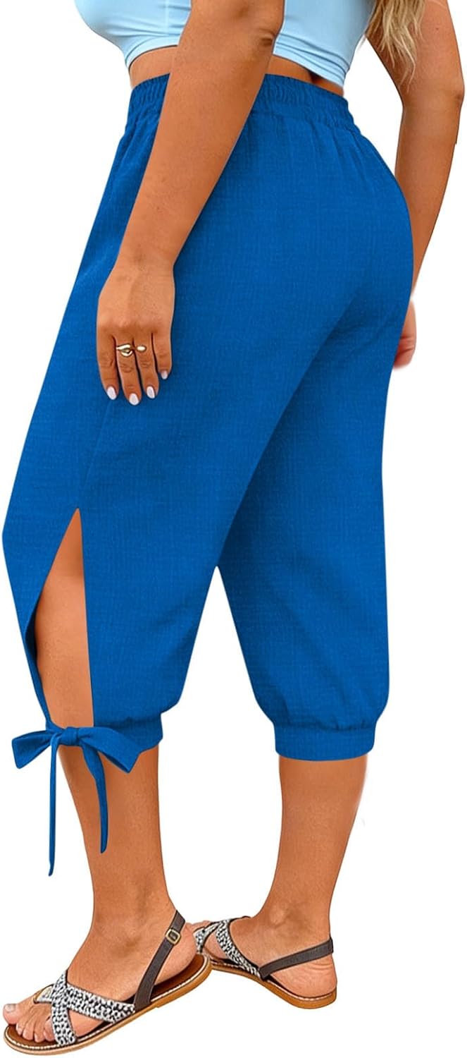 YRAETENM Plus Size Capris for Women Elastic High Waisted Cotton Linen Capri Pants Summer Loose Casual Tie Knot Trousers