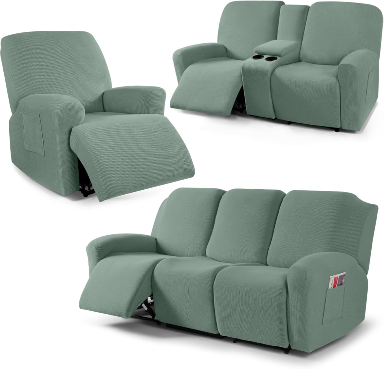 TAOCOCO Recliner Loveseat Cover with Middle Console & Recliner Chair Covers & Recliner Sofa Covers for 3 Seat, Sage Green