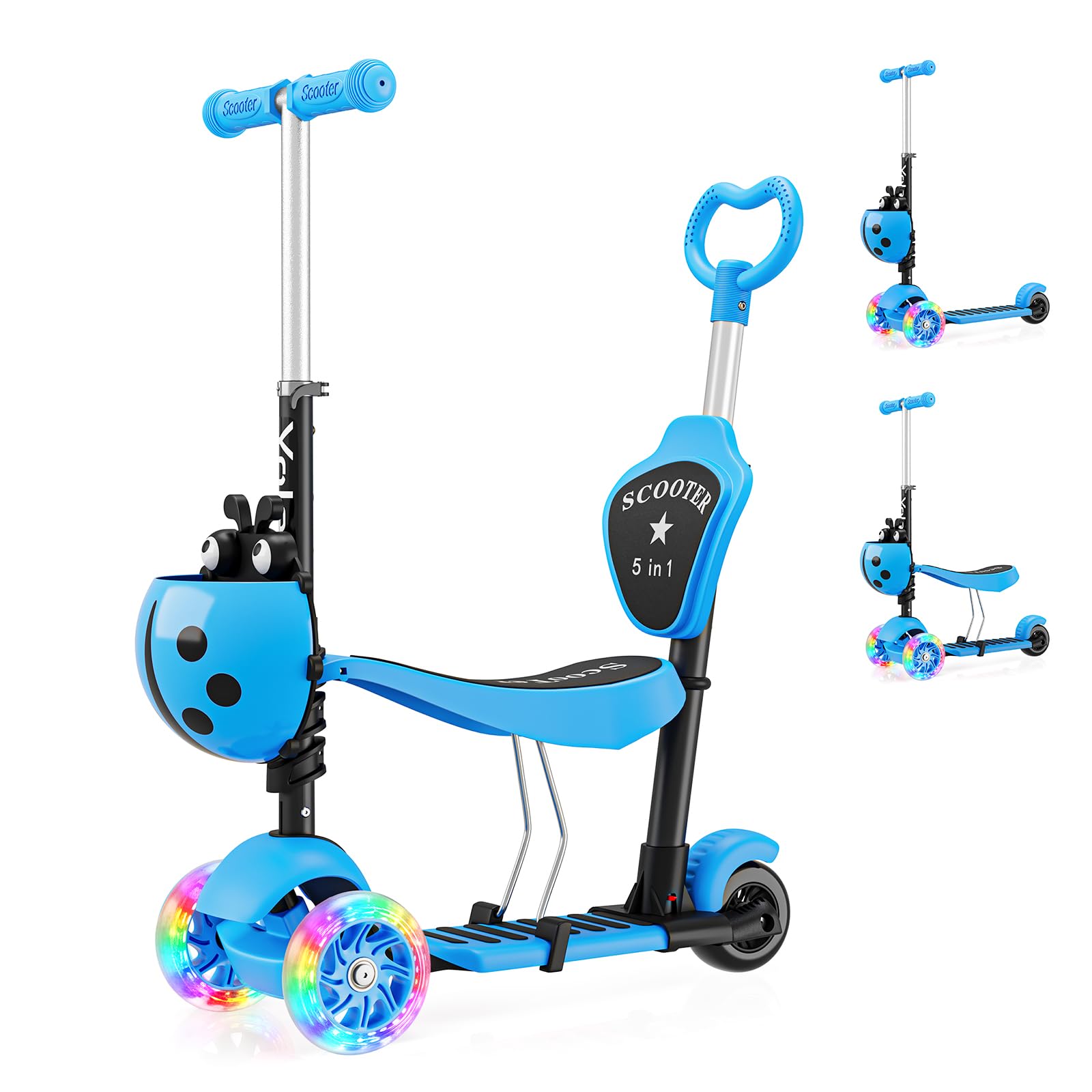 Kids Three Wheel Kick Scooter with Removable Seat, LED Flashing Wheels, Height Adjustable