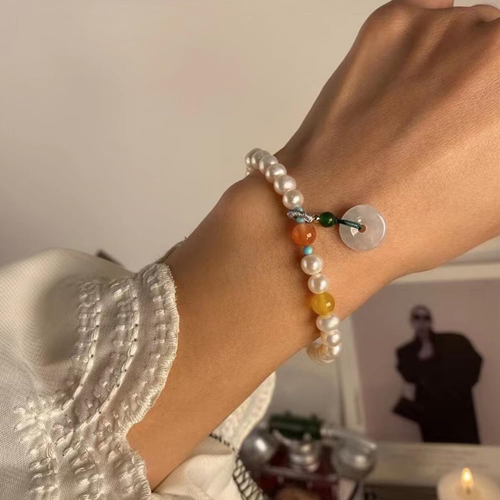Women Freshwater Pearl Bracelet Chalcedony Donut Pendant with Carnelian Gemstone Handmade Jewelry Birthday Gift for Her 6.7inch