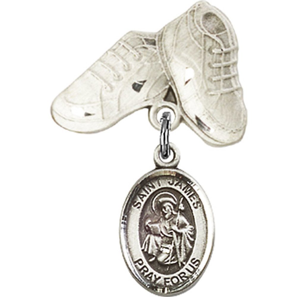 Sterling Silver Baby Badge with St. James The Greater Charm and Baby Boots Pin 1 X 5/8 inches