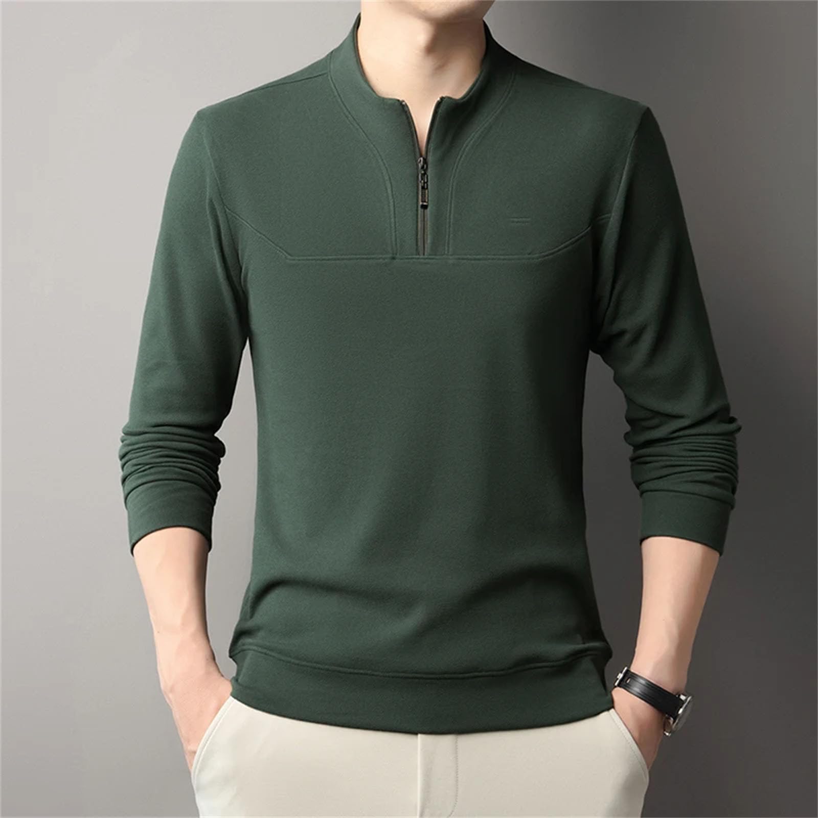 Maglietta da uomo in velluto a maniche lunghe, calda, mezza età, alla moda, con cerniera e scollo rotondo