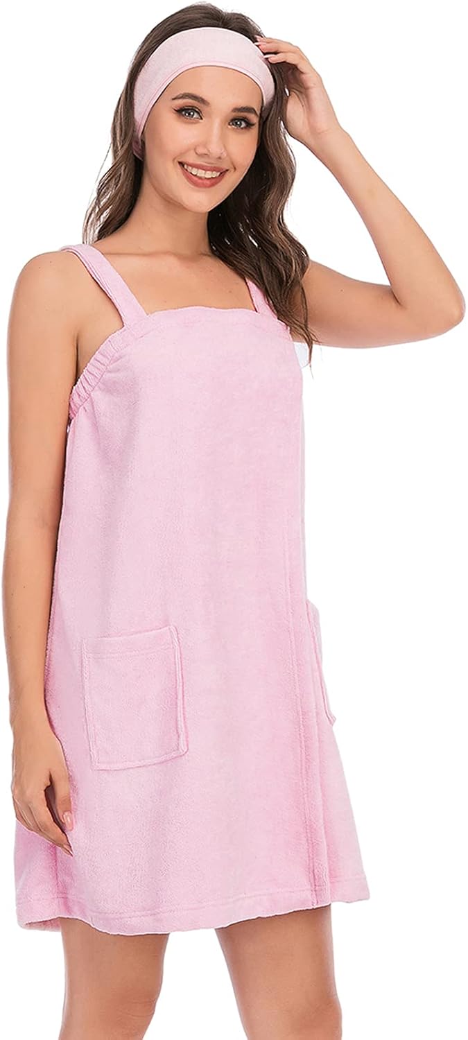ANUFER Womens Adjustable Bath Towel Wraps with Headband for Gym Shower Spa & Beach Cover Ups Pink L