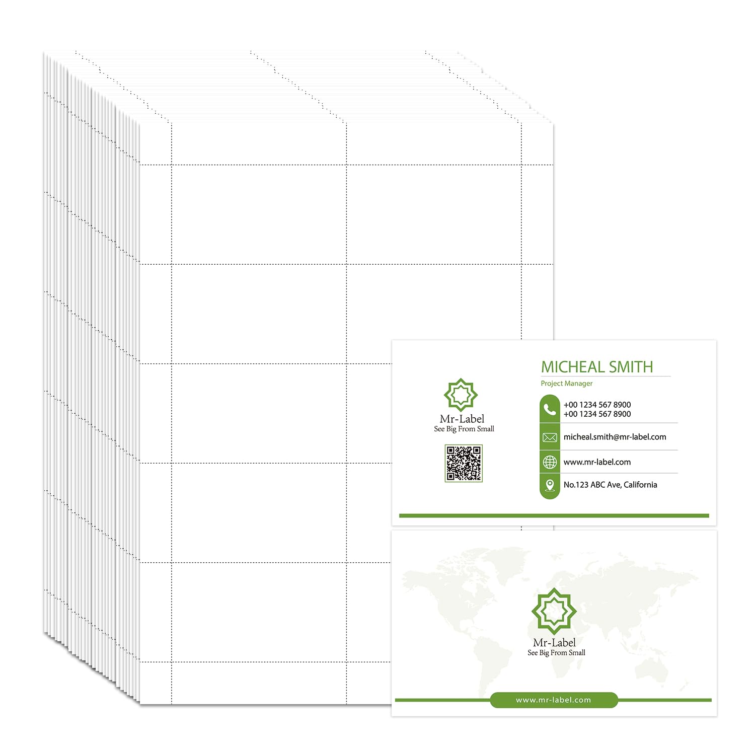 Mr-Label 500 Printable Business Cards 3.5" x 2", Photo Grade Color Printing, 240gsm Heavyweight Micro-Perforated Glossy White Double-Sided Inkjet Paper Cardstock