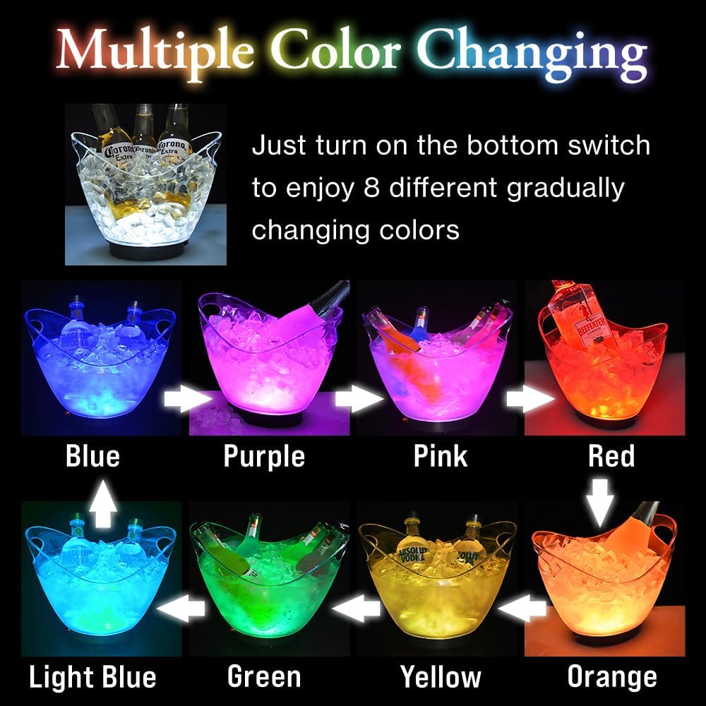 Japard 4 Pcs LED Ice Buckets 2l Clear Plastic Beer Buckets with LED Light RGB Colors Changing Cooler Ice Container with Stand for Party Home Bar Ktv Clubs