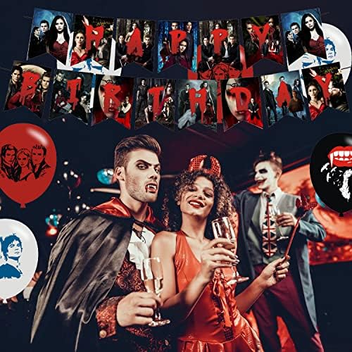 The Vampire Diaries Birthday Party Decorations , Party Supplies For Vampire Diaries Includes Banner - Cake Topper - 12 Cupcake Toppers - 18 Balloons -3 Vampire Diaries Honeycomb Centerpieces