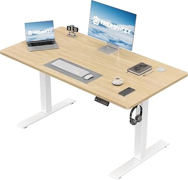 TRIUMPHKEY Height Adjustable Electric Standing Desk 110 x 53cm with Memory Smart Pannel Sit Stand Desk with Backpack Hook Stand Up Table Work Table for Home OfficeBeige