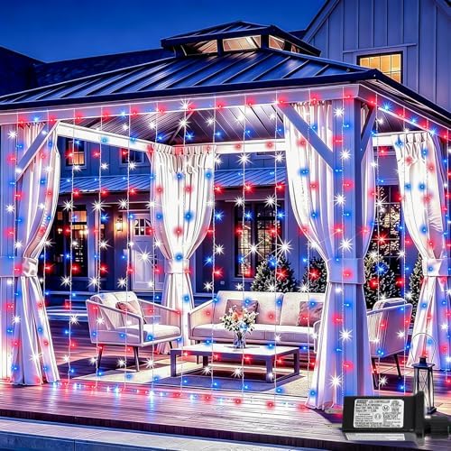 QITONG 300 LED Red White Blue Curtain Lights, 9.8×9.8ft 4th of Ju...