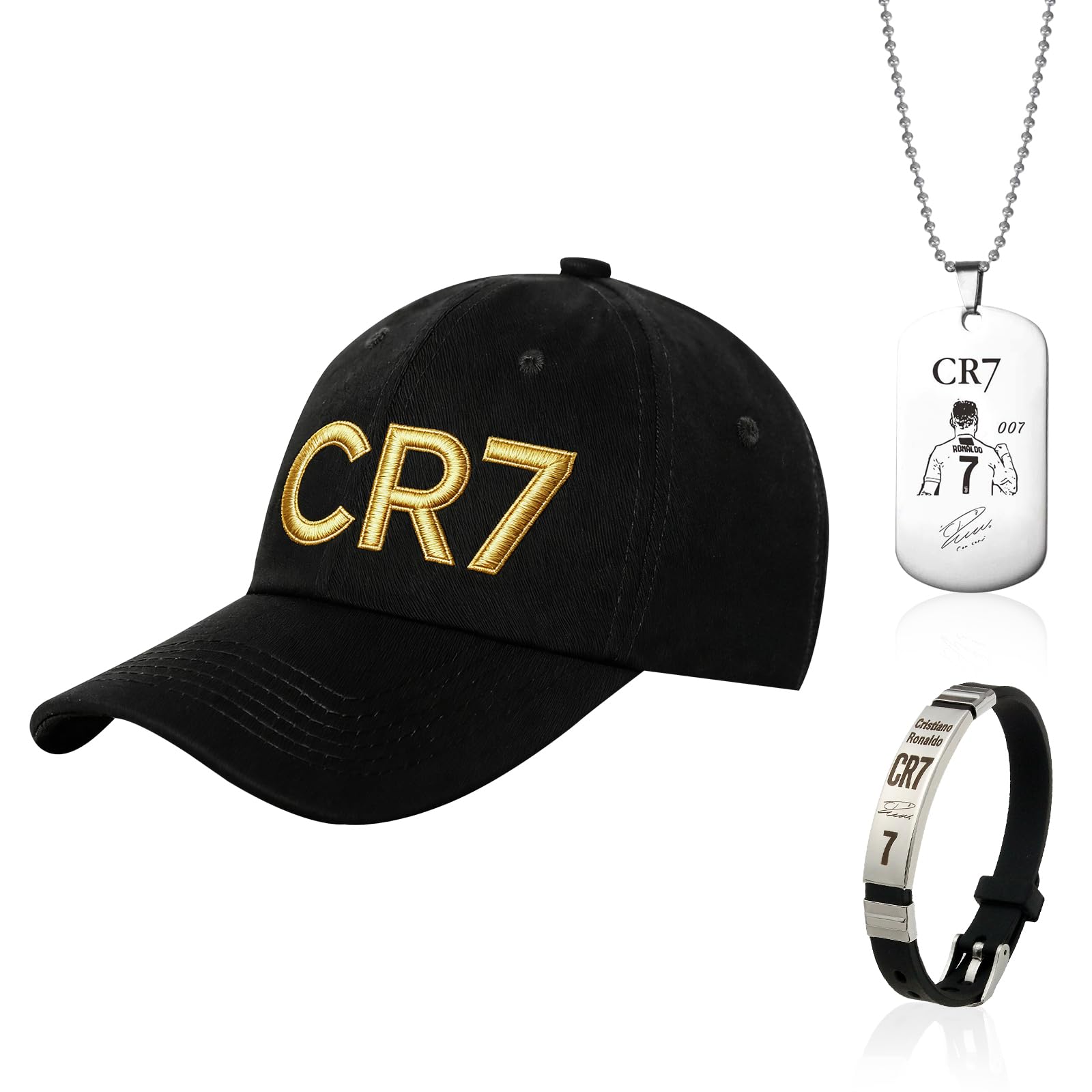 Snyvpra CR 7 Cap for Kids and Men, Black with Gold 3D Emblem Adjustable + C R 7 Bracelet + C R 7 Necklace - Football Fan Set for Boys, Fans of Cristiano Ronaldoo