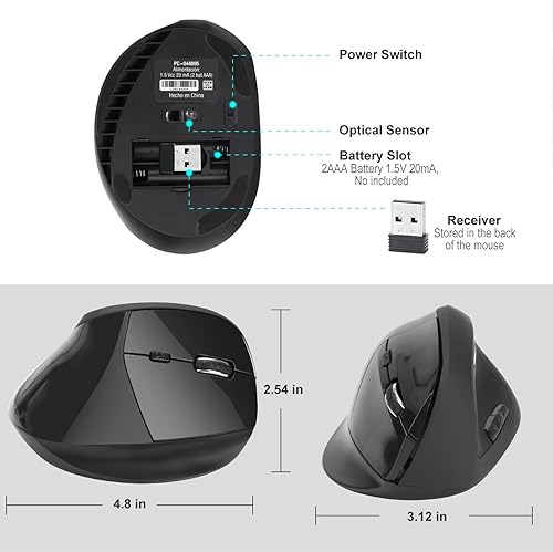 Miniatura 5 de Atpot Ratón óptico ergonómico vertical inalámbrico 2.4G, 3 DPI ajustables 80012001600 niveles, 5 botones, para laptop, PC, computadora, escritorio,