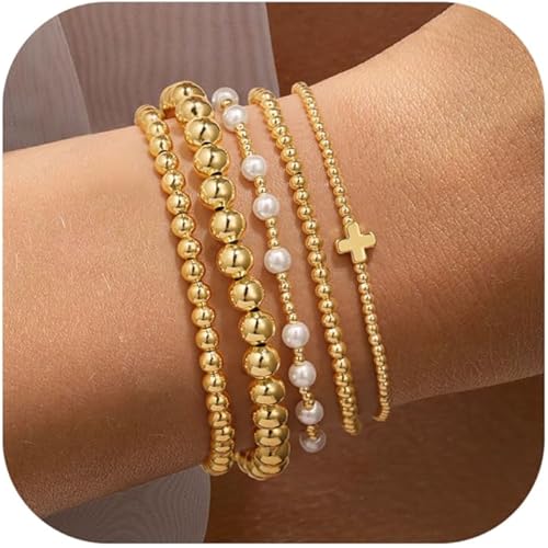 Yoosteel Gold Beaded Bracelets Set for Women Teen Girl Gifts Non Tarnish - 14K Gold Plated Dainty Round Bead Ball Pearl Cross Bracelet Stack for Women Teenage Girls Stackable Jewelry Christmas Gifts