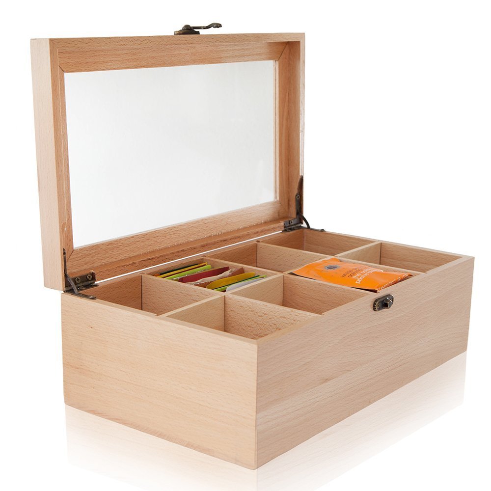Tea Storage Box with 8 Adjustable Compartments and Glass Lid, 12 x 7 x 4–Inches (Natural Wood)