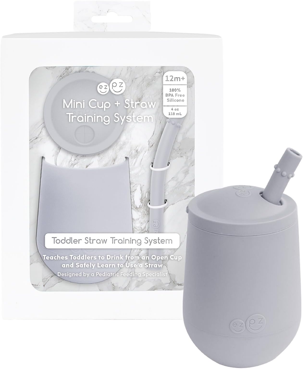 ezpz Mini Cup + Straw Training System - 100% Food Grade Silicone Training Cup For Infants - BPA Free Toddler Cup & Straw for Baby Drinking Skills, Reduces Spillage,Dishwasher Safe, 9 Months+ (Pewter)