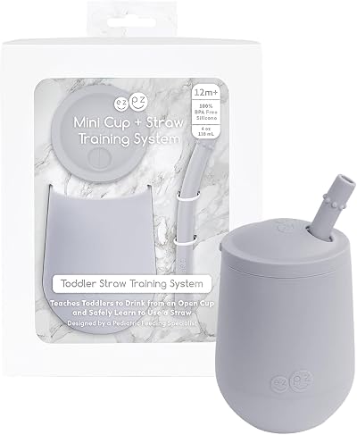 ezpz Mini Cup + Straw Training System (Pewter) - 9 Months+ - 100% Silicone Training Cup for Infants + Toddlers - Designed by a Pediatric Feeding Specialist