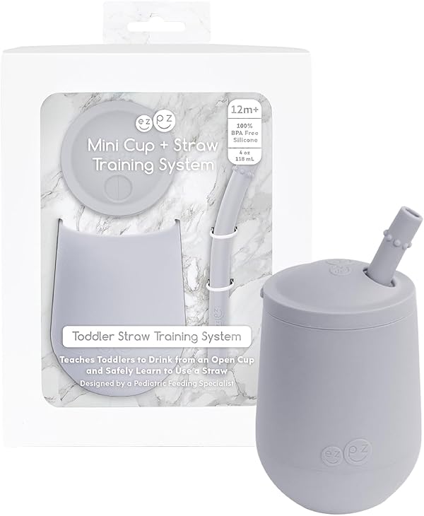 ezpz Mini Cup + Straw Training System (Pewter) - 9 Months+ - 100% Silicone Training Cup for Infants + Toddlers - Designed by a Pediatric Feeding Specialist