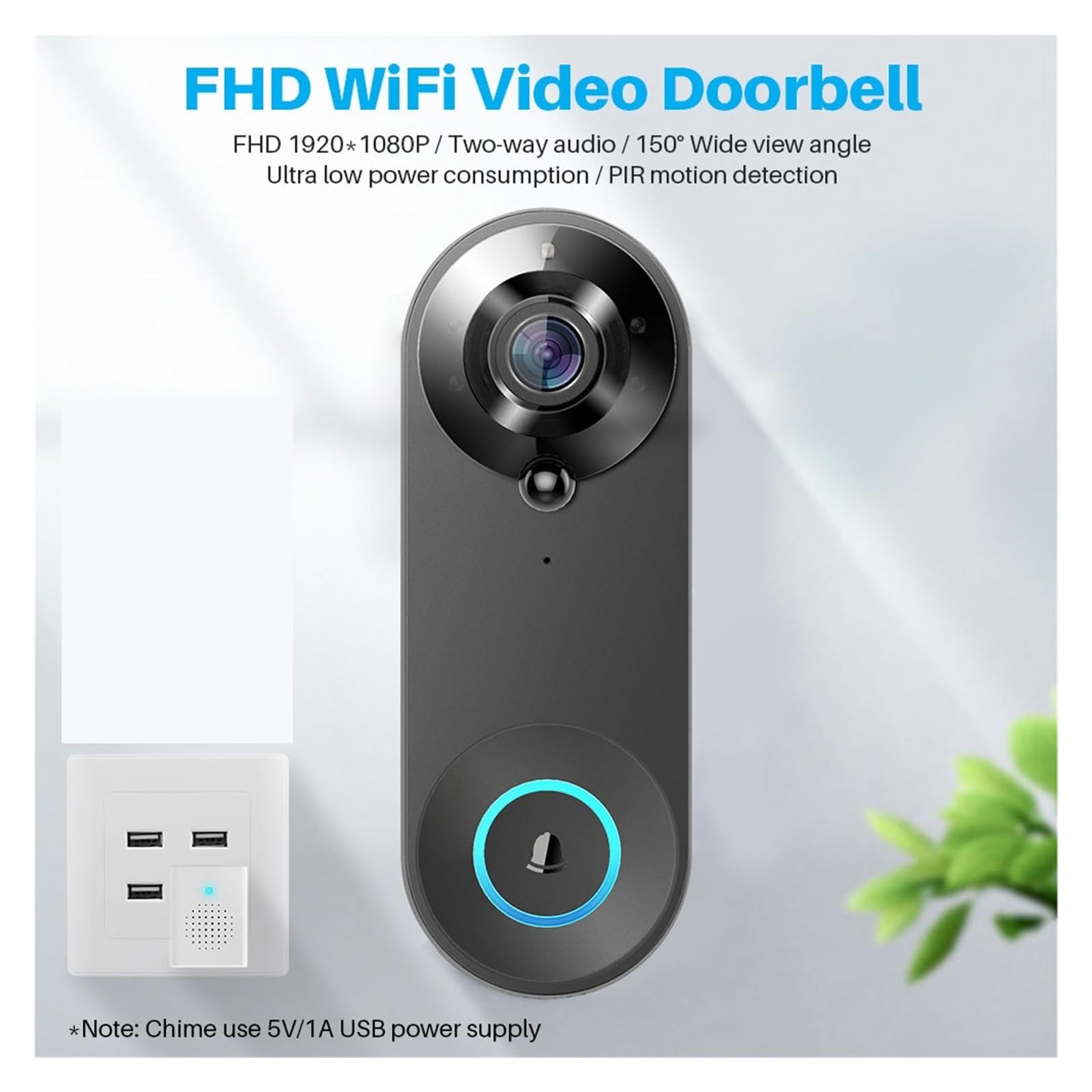 Smart Video Campanello Videocamera 1080P WiFi Videocitofono Videocitofono Campanello Audio Bidirezionale(Size:D-Set Add 64G TF Card)