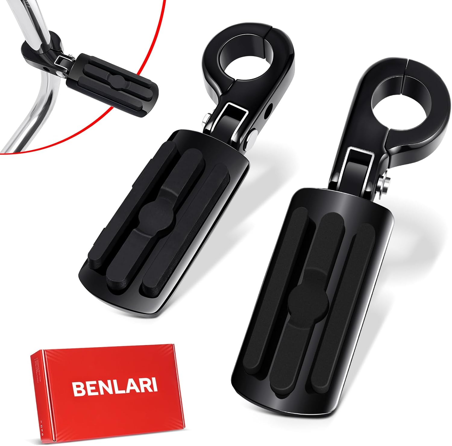 Benlari Highway Pegs P-Clamp A3 Steel Motorcycle Foot Pegs Fit For1.25'' Crash Bars Foot Pedal Bracket Clamp Compatible With Harley Touring Electra Road Glide Road King (Black)