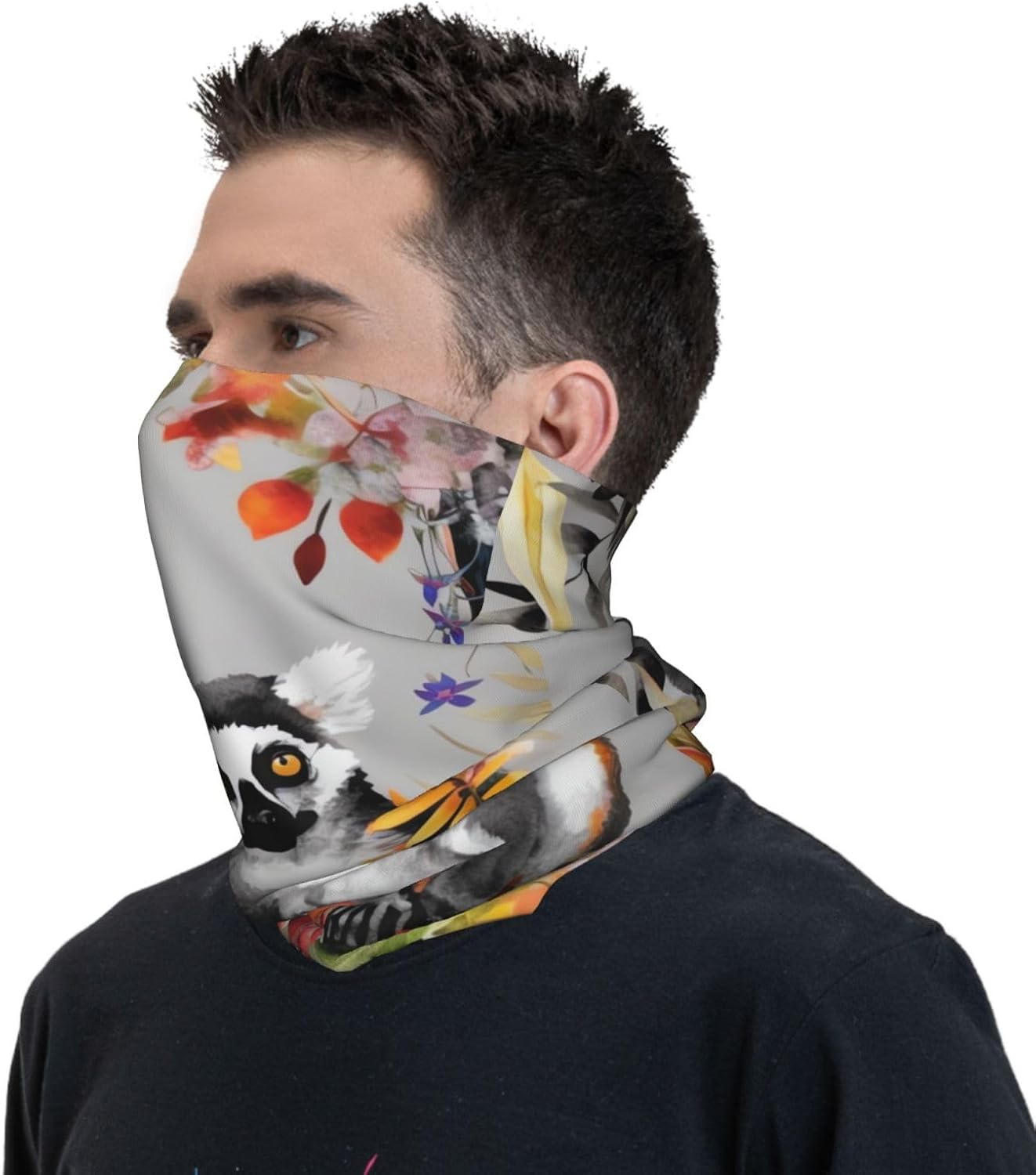 Animals Lemur Flowers Pattern Neck Gaiter UV Sun Protection Face Mask Scarf Cooling Breathable Face Cover for Men Women Elastic Balaclavas Versatile Bandana, Sun & Wind-proof for Skiing Hiking