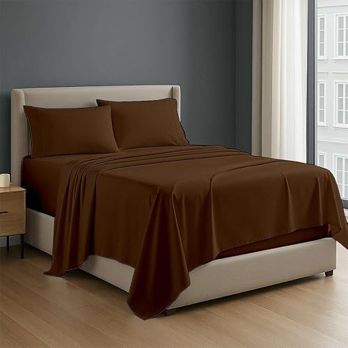 4 Piece Premium Sheet Set Cotton Queen, 100% Egyptian Cotton, 18 Inch Deep Pocket of Cotton Sheets, Chocolate Solid