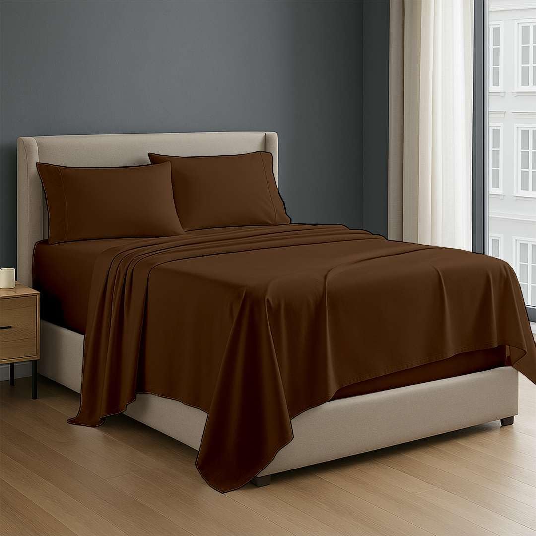 NON Sticky cotton 4 Piece Egyptian Cotton Fitted Premium Sheet Set Full XXL, 6 Inch Deep Pocket of Cotton Sheets, Chocolate Solid