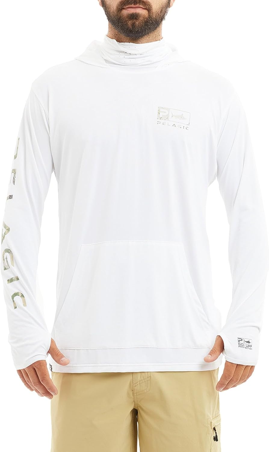 PELAGIC Men's Defcon Icon Hooded Fishing Shirt, Long Sleeve, UPF 50+ Protection, Integrated Face Mask