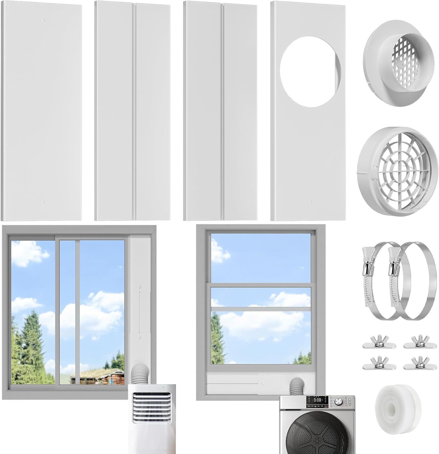 BEWAVE Dryer Vent Window Kit, Window Vent Kit Fit with 4” Ducting Dryer Vent Hose & 5.9” AC Hose for Sliding Window, Adjustable Vent Kit for Inline Duct Fans, Air Conditioner, Dryer, Grow Tents Dryer Vent Kit with 4 Plates