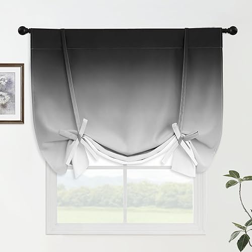 Yakamok Ombre Room Darkening Tie Up Curtains-Gradient Black to Grey White Light Blocking Thermal Insulated Window Shades for Living Room Rod Pocket Balloon Curtain for Kitchen W42 X L63 Inches,1 Panel
