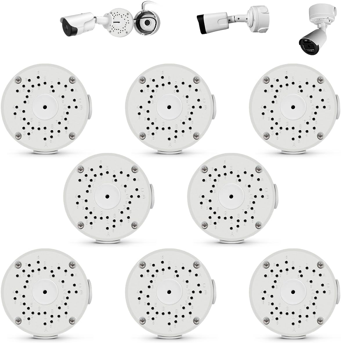 【Only Compatible with Bullet Cameras】 Universal Bullet Security Camera Mount Bracket Hide Cable, Metal Electric Enclosure, Waterproof Outdoor Camera Cover, Base Junction Box for CCTV Cams (8 Pack)