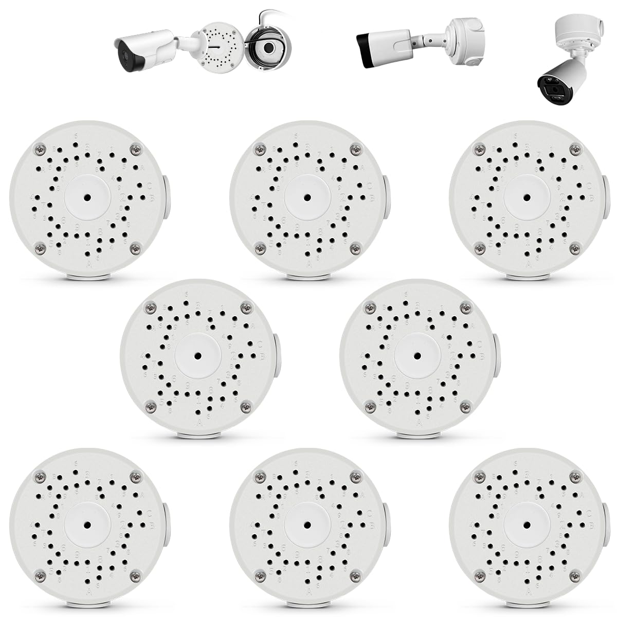 【Only Compatible with Bullet Cameras】 Universal Bullet Security Camera Mount Bracket Hide Cable, Metal Electric Enclosure, Waterproof Outdoor Camera Cover, Base Junction Box for CCTV Cams (8 Pack)