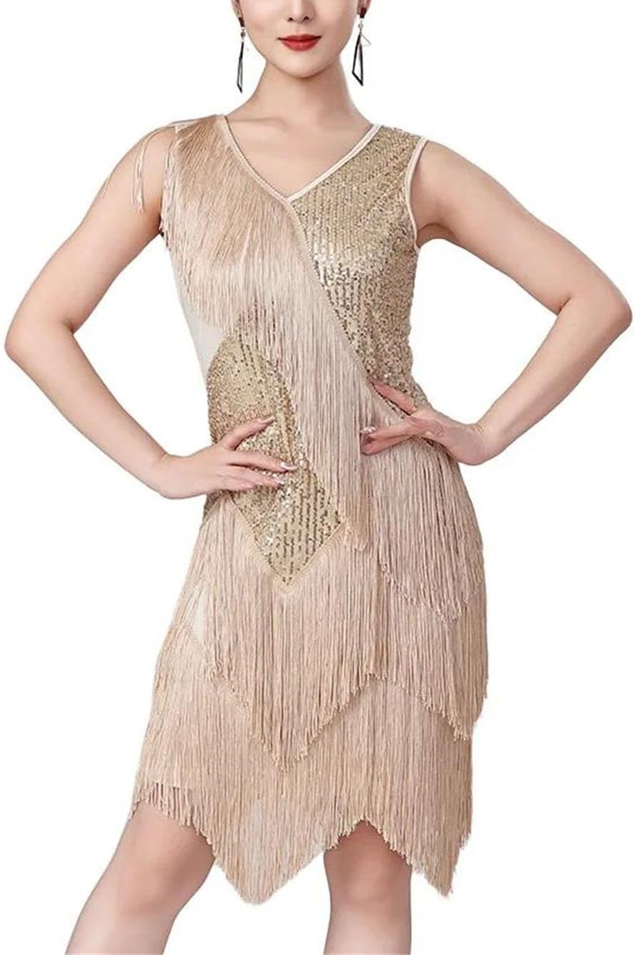 Women Vintage Sequin Tassel Latin Dress Winter Sleeveless Patchwork Long Fringe Outfit