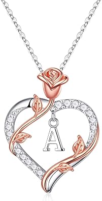 Rose Heart Initial Necklace Gifts for Women Girls, Letter Pendant Necklaces for Women Jewelry Anniversary Birthday Gifts for Her Wife Girlfriend Teen Girls