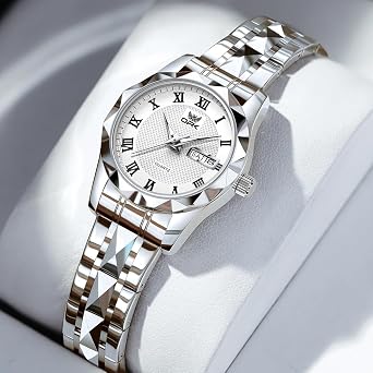 Ladies Quartz Formal Casual Watch with Calendar, Day, Date, Round Face, Diameter 28mm, Stainless Steel, Japanese Made Movement, Roman Numeral Index, Daily Waterproof, gold/silver, Classic