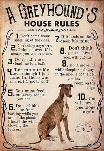 Yunking A63 Funny Tin Metal Signs A Greyhound's House Rules Vintage Sign Retro Tin Signs Vintage Metal Tin Sign For Bar Home Wall Metal Decoration 8×12Inches