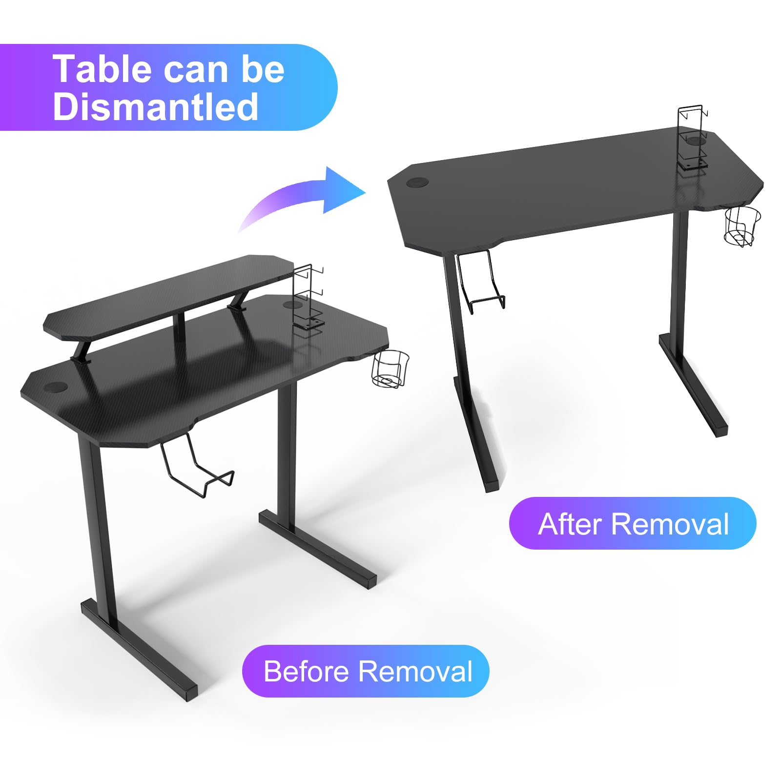 Escritorio Gaming Mesa Escritorio para Computadora Mesa para PC con portavasos y Gancho para Auriculares Escritorio con Soporte para Monitor 100x55x75 cm Negro