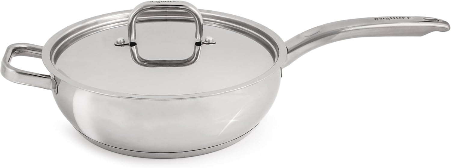 Berghoff Belly Shape 18/10 Stainless Steel 9.5 inches Deep Skillet 3.2qt., Metal Lids, Fast, Evenly Heat, Induction Cooktop Ready