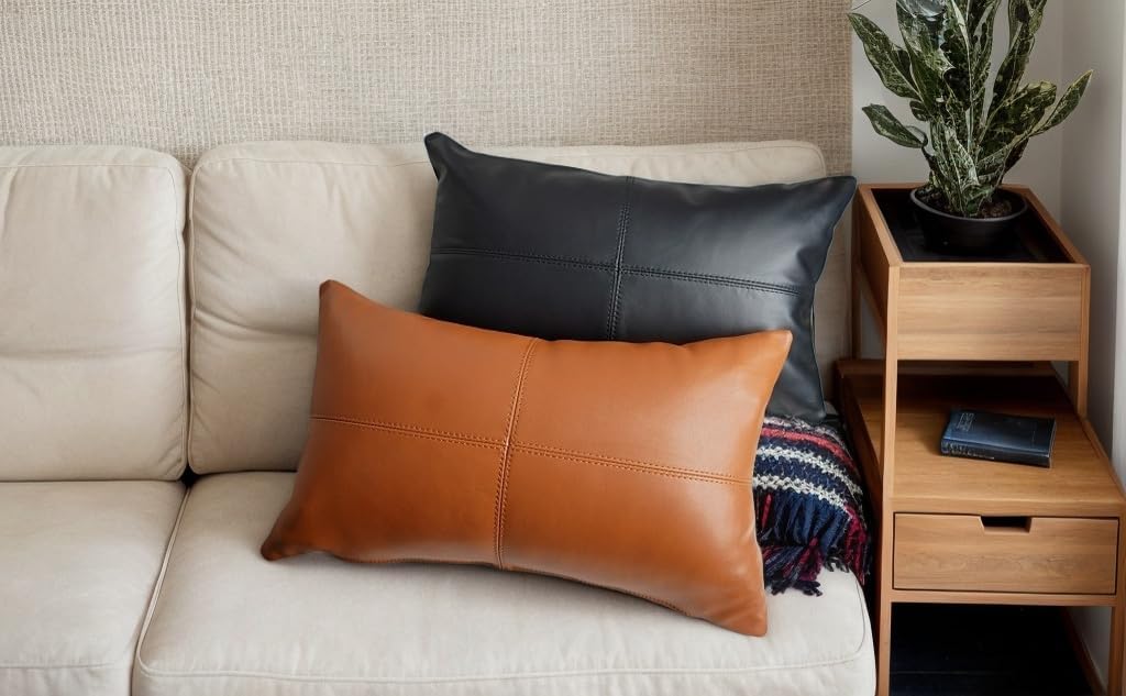 Genuine Leather Pillow Covers Decorative Throw Pillows Pack of 1 Modern Cushion Cases for Couch Bed Sofa Black 20×12 Inches image 4