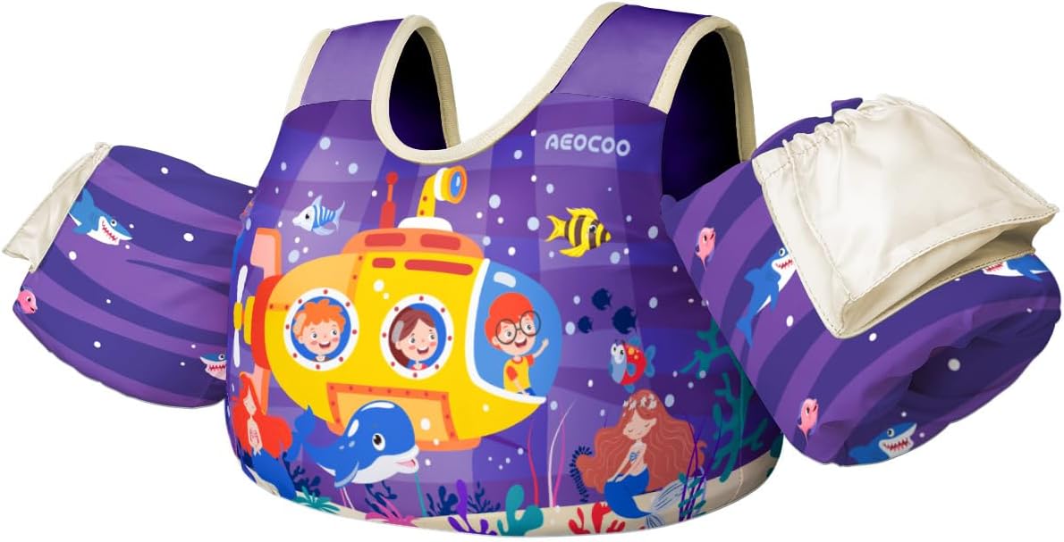 AEOCOO Toddler Swim Vest for 20-30-50-70 Pounds Kids, Puddle Pool Jumper for 1-2-3-5-6-9 Boys & Girls & Niños, Toddler Swim Aid Water Wings with Arm Floaties, Fun Patterns Float for Swimming Pool
